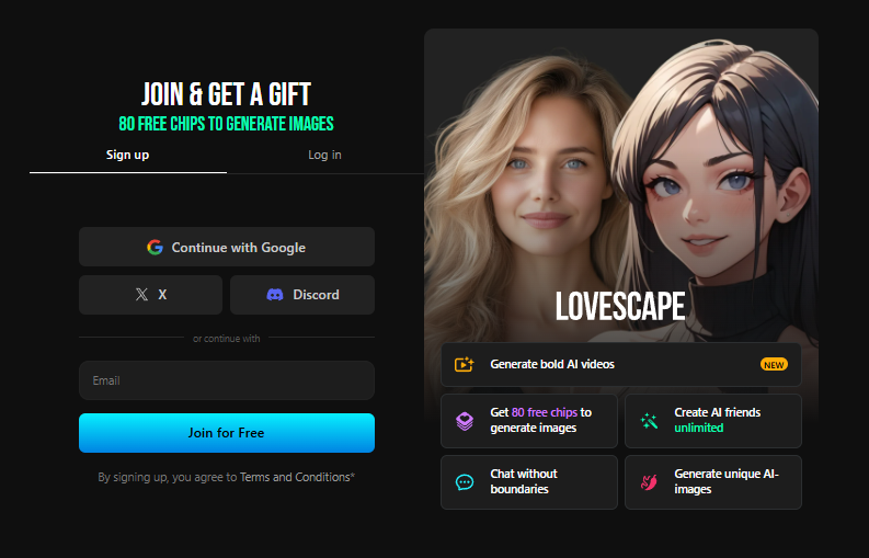 Lovescape AI signup dashboard showing the registration fields for new app creators