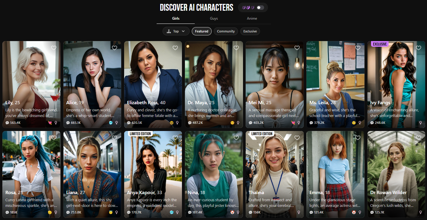 Lovescape AI review dashboard showing user interface and character selection