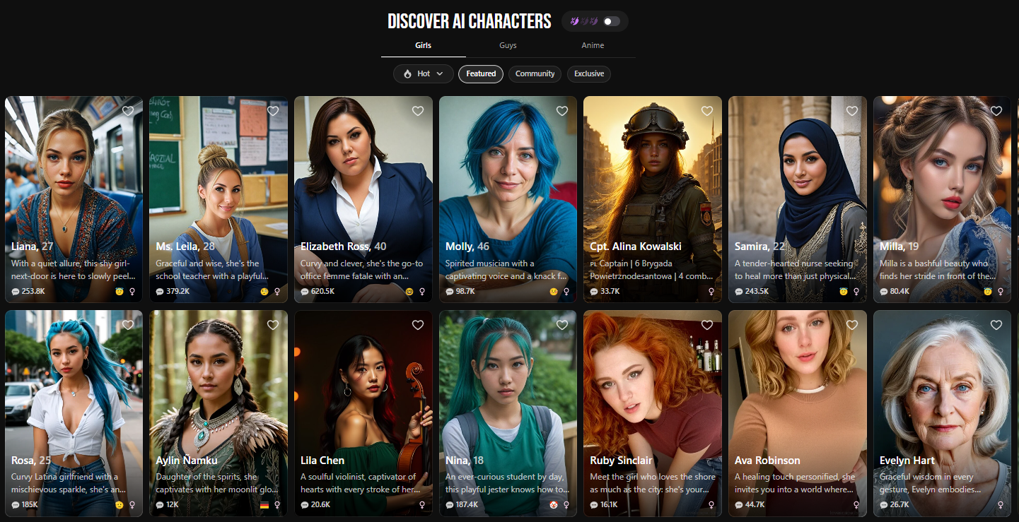 Examples of customizable AI personas on Lovescape including diverse styles and genres
